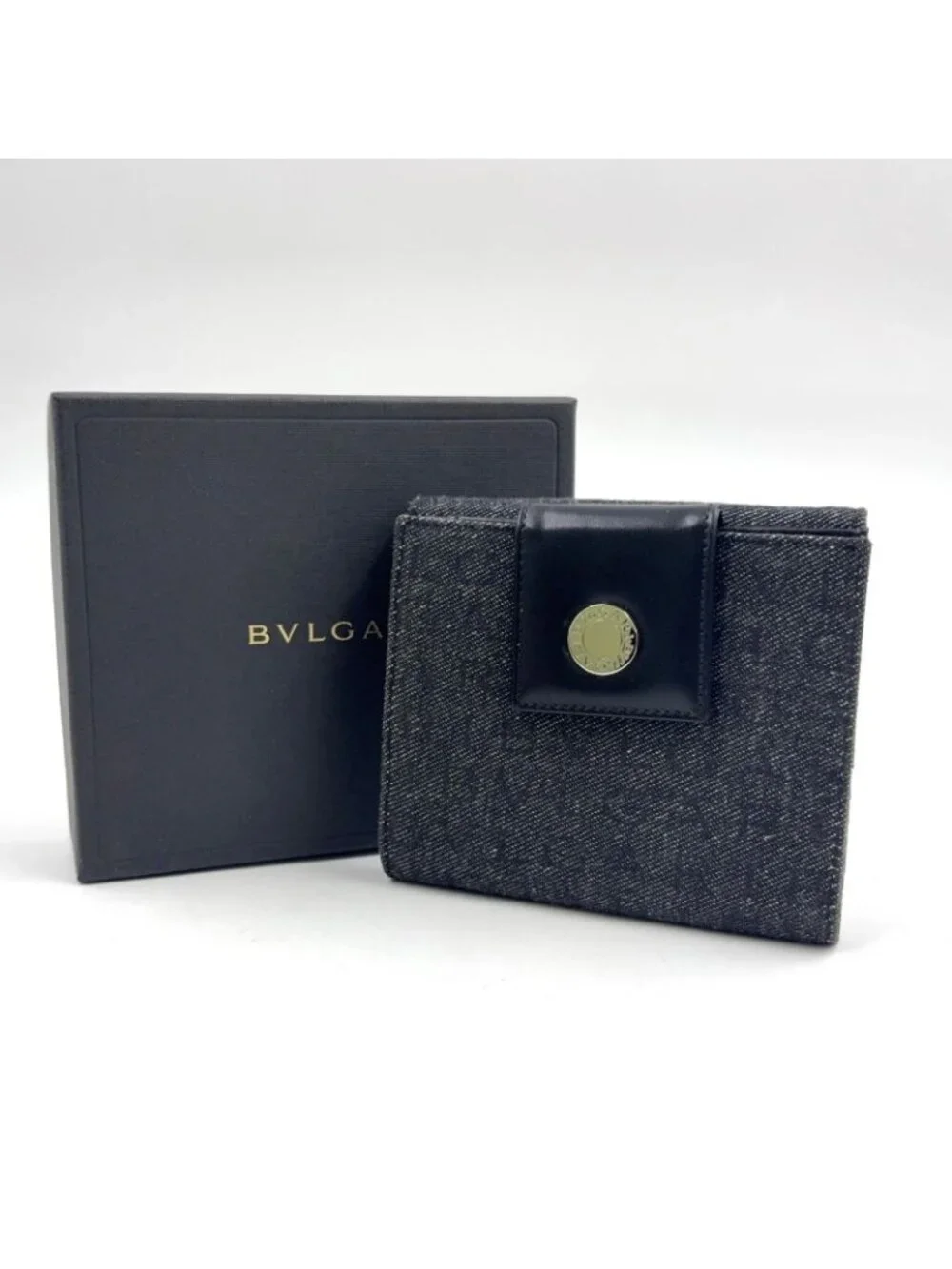 Bvlgari Lettere Logo Mania Leather Denim Navy Black Bifold Wallet Silver